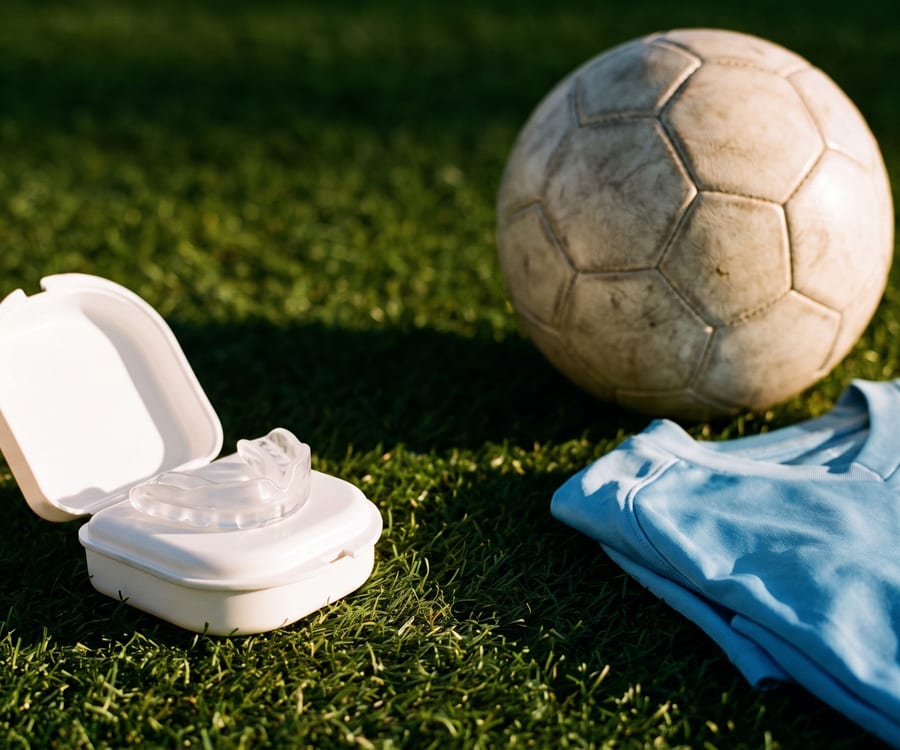 A clear sports mouthguard in its open case on the grass beside a soccer ball and a folded youth jersey